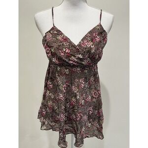 Vintage Womens Y2K Sheer Babydoll Top Size M Brown Pink Floral Fairy Whimsigoth‎